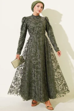 Paisley Sequined Evening Dress Khaki
