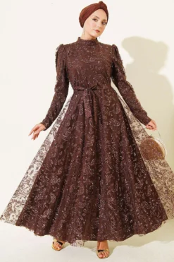 Paisley Sequined Evening Dress Brown
