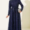 Paisley Sequined Evening Dress Navy Blue