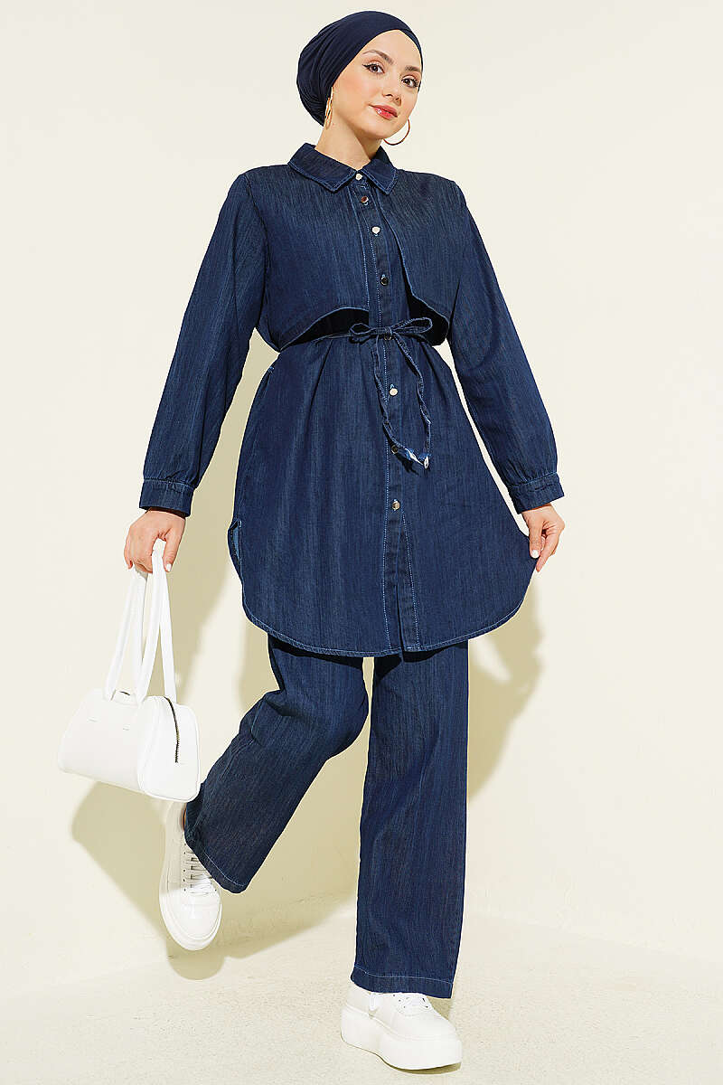 Denim Two-Piece Set with Cape Detail Navy Blue