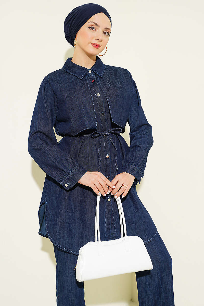 Denim Two-Piece Set with Cape Detail Navy Blue – Image 2