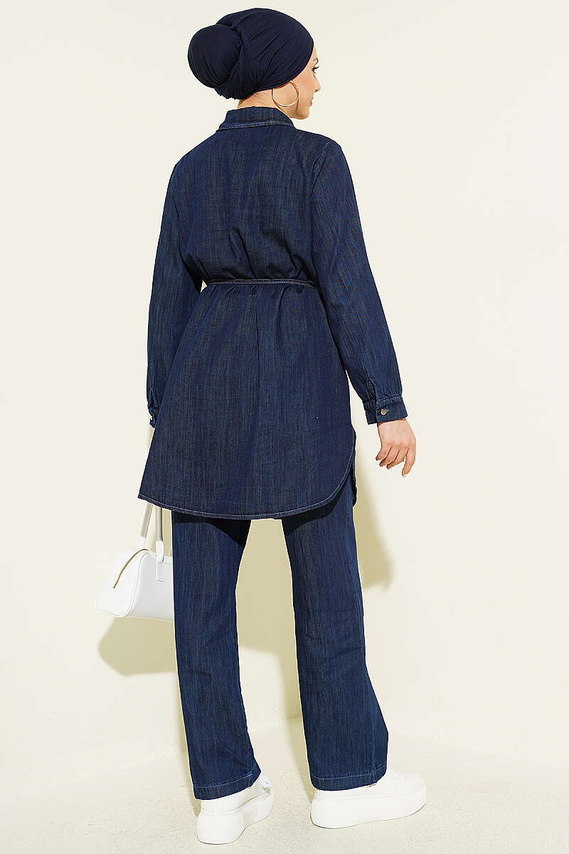 Denim Two-Piece Set with Cape Detail Navy Blue – Image 3
