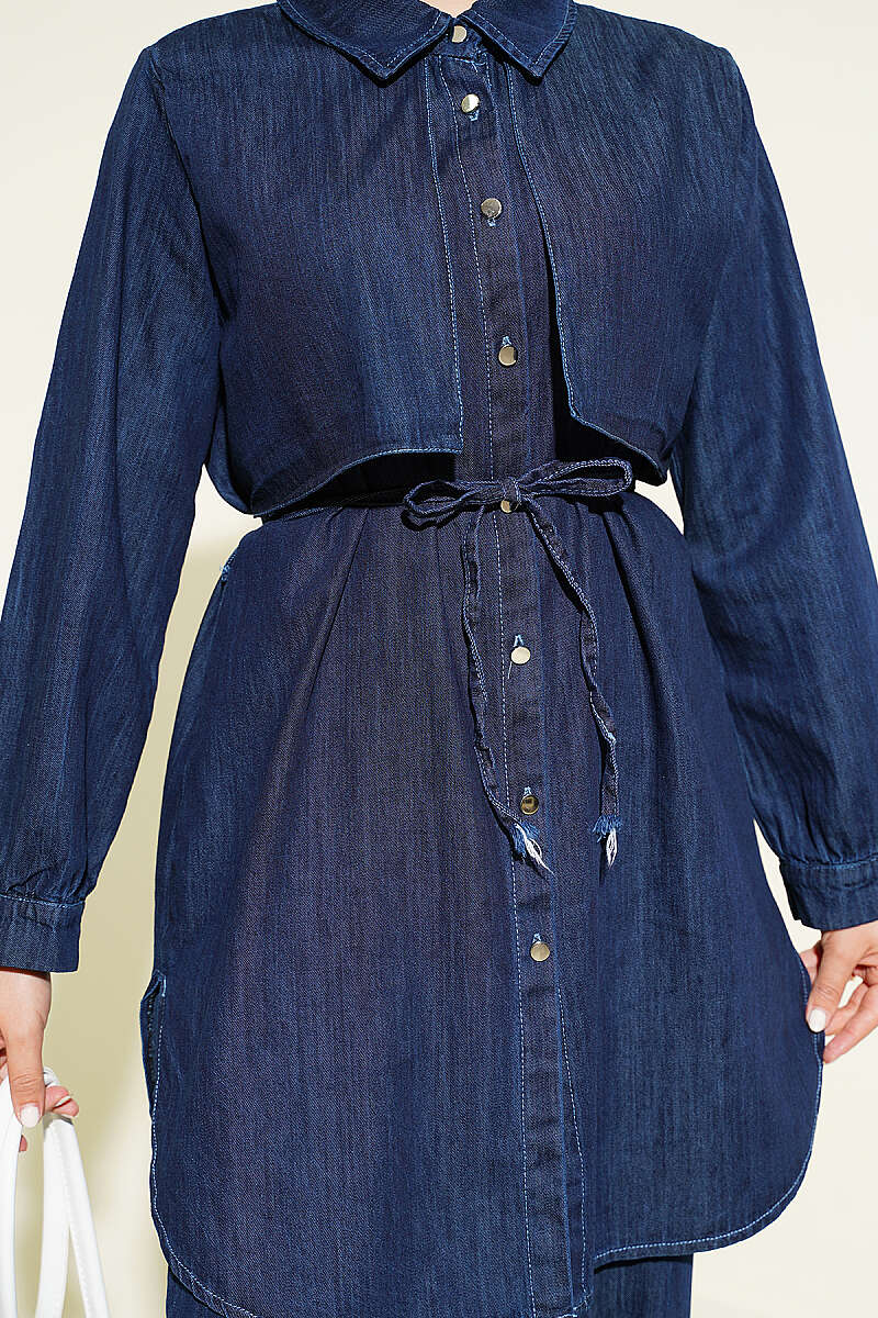 Denim Two-Piece Set with Cape Detail Navy Blue – Image 4