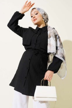 Cape-Style Shirt with Tie Closure Black