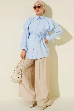 Vista alternativa di Shirt with Hooded Detail and Tie Belt Baby Blue