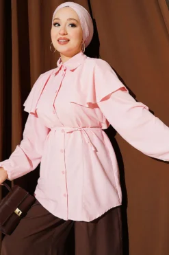 Shirt with Hooded Detail and Tie Belt Pink