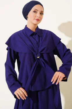 Alternative view of Cape with Gold Buckle Skirt Two-Piece Set Navy Blue