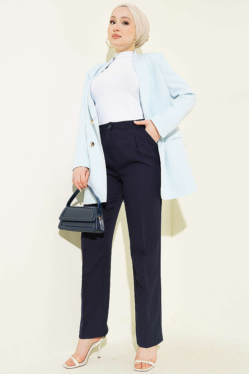 Wide Leg Trousers with Pile Detail Navy Blue - immagine 2