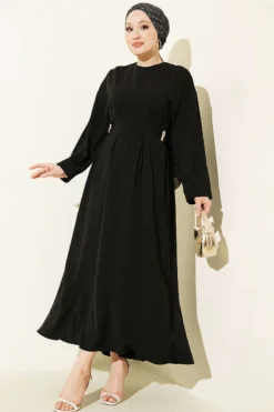 Pleated Side Sash Dress Black