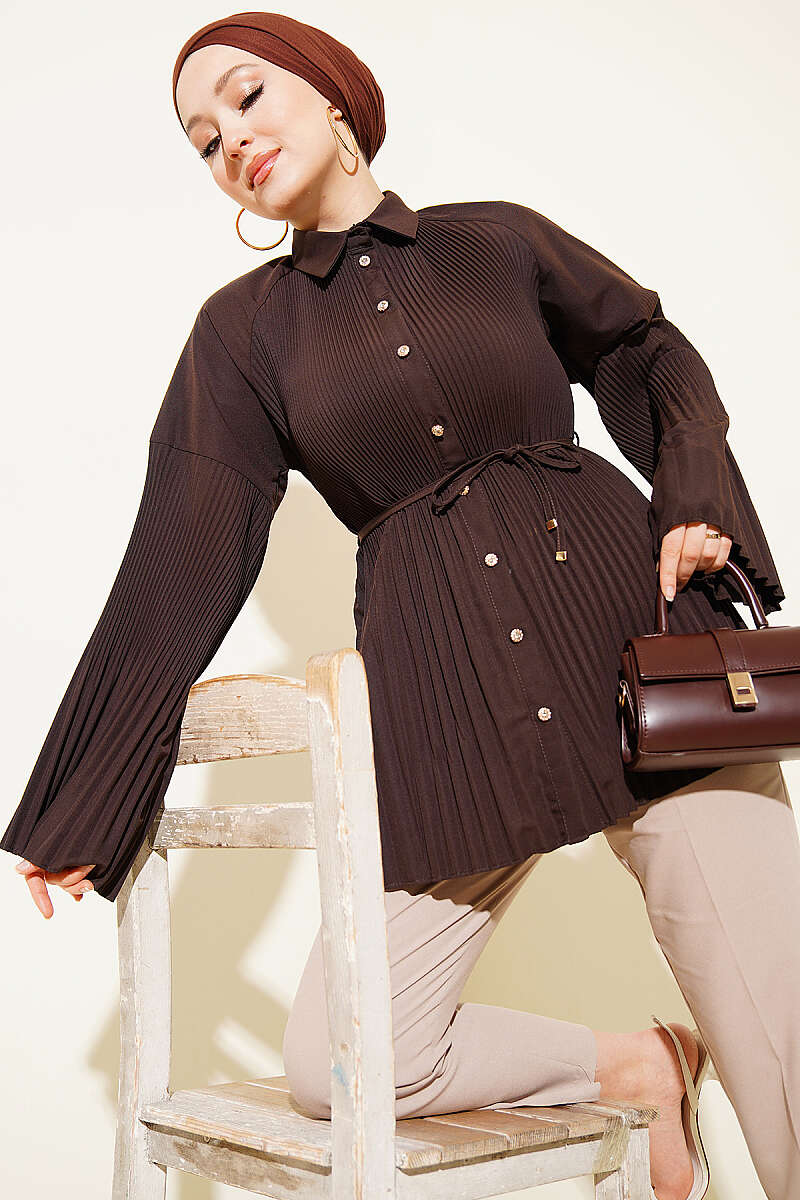 Pleated Tie Waist Shirt Brown