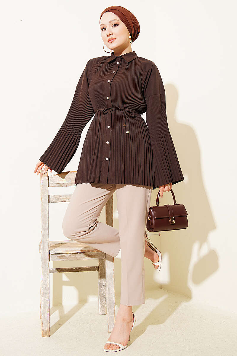 Pleated Tie Waist Shirt Brown – Bild 2