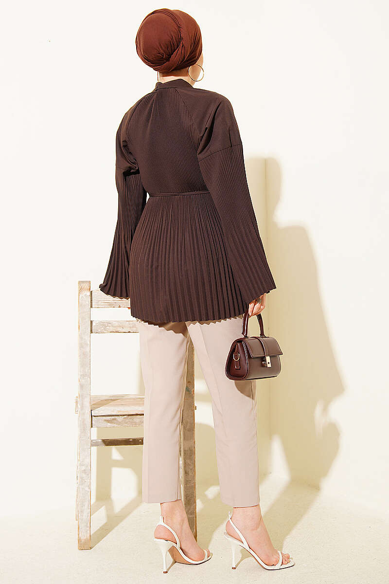 Pleated Tie Waist Shirt Brown – Bild 3