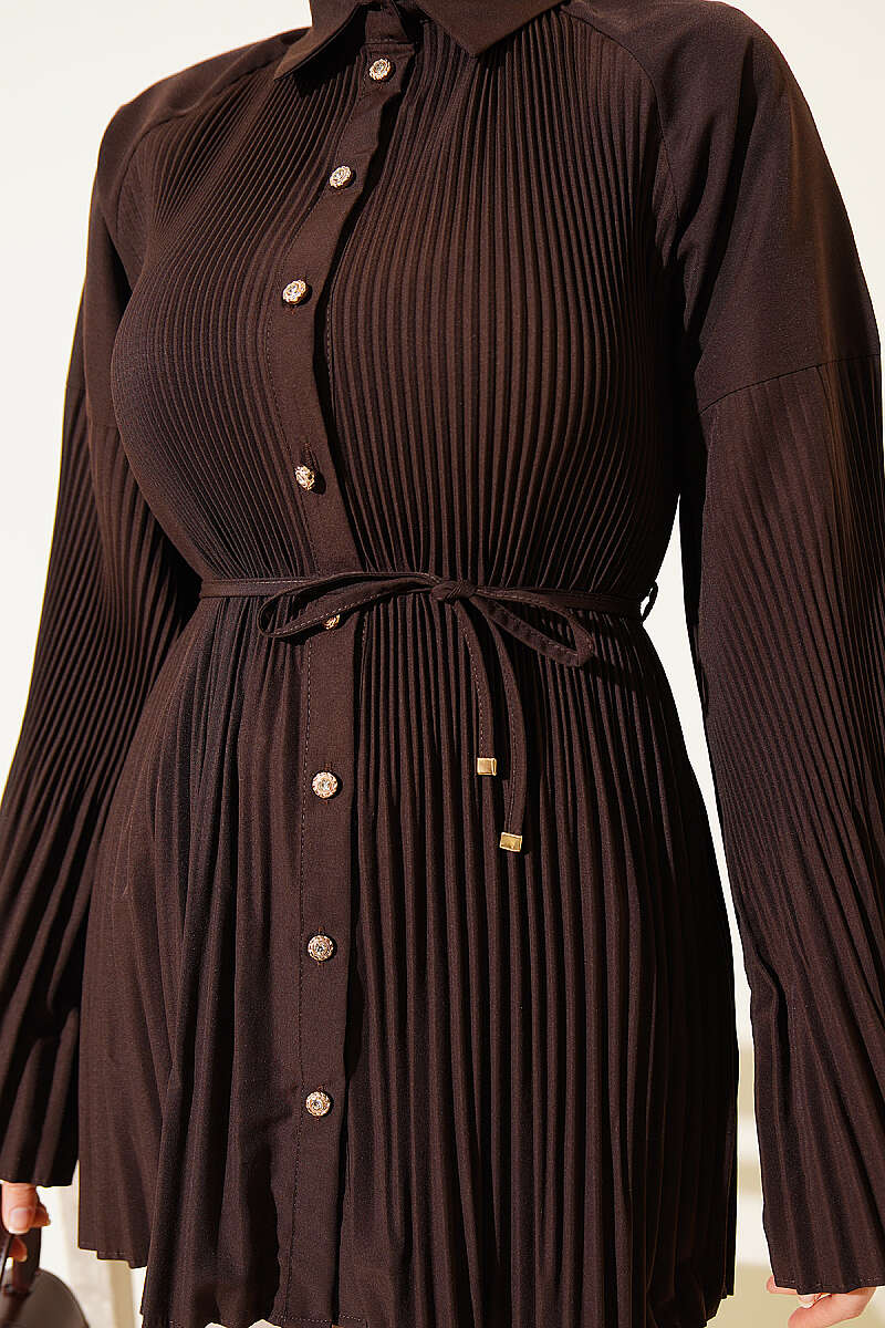 Pleated Tie Waist Shirt Brown – Bild 4