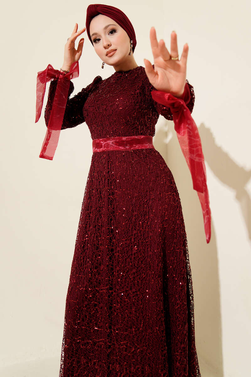 Glitter Sequin Evening Dress Burgundy – Image 2