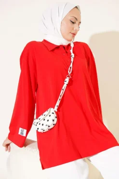 Alternative view of Oversized Tunic with Polo Neck and Patch Detail Red
