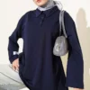 Oversized Tunic with Polo Neck and Patch Detail Navy Blue