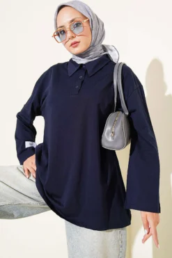 Oversized Tunic with Polo Neck and Patch Detail Navy Blue