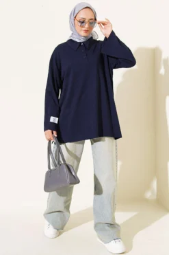 Alternative view of Oversized Tunic with Polo Neck and Patch Detail Navy Blue