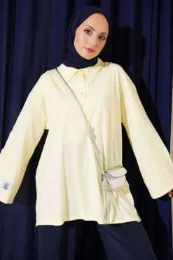 Oversized Tunic with Polo Neck and Patch Detail Yellow