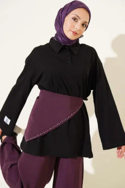 Oversized Tunic with Polo Neck and Patch Detail Black