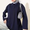 Oversized Tunic with Polo Neck and Patch Detail Navy Blue