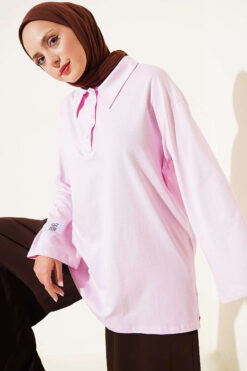 Oversized Tunic with Polo Neck and Patch Detail Pink