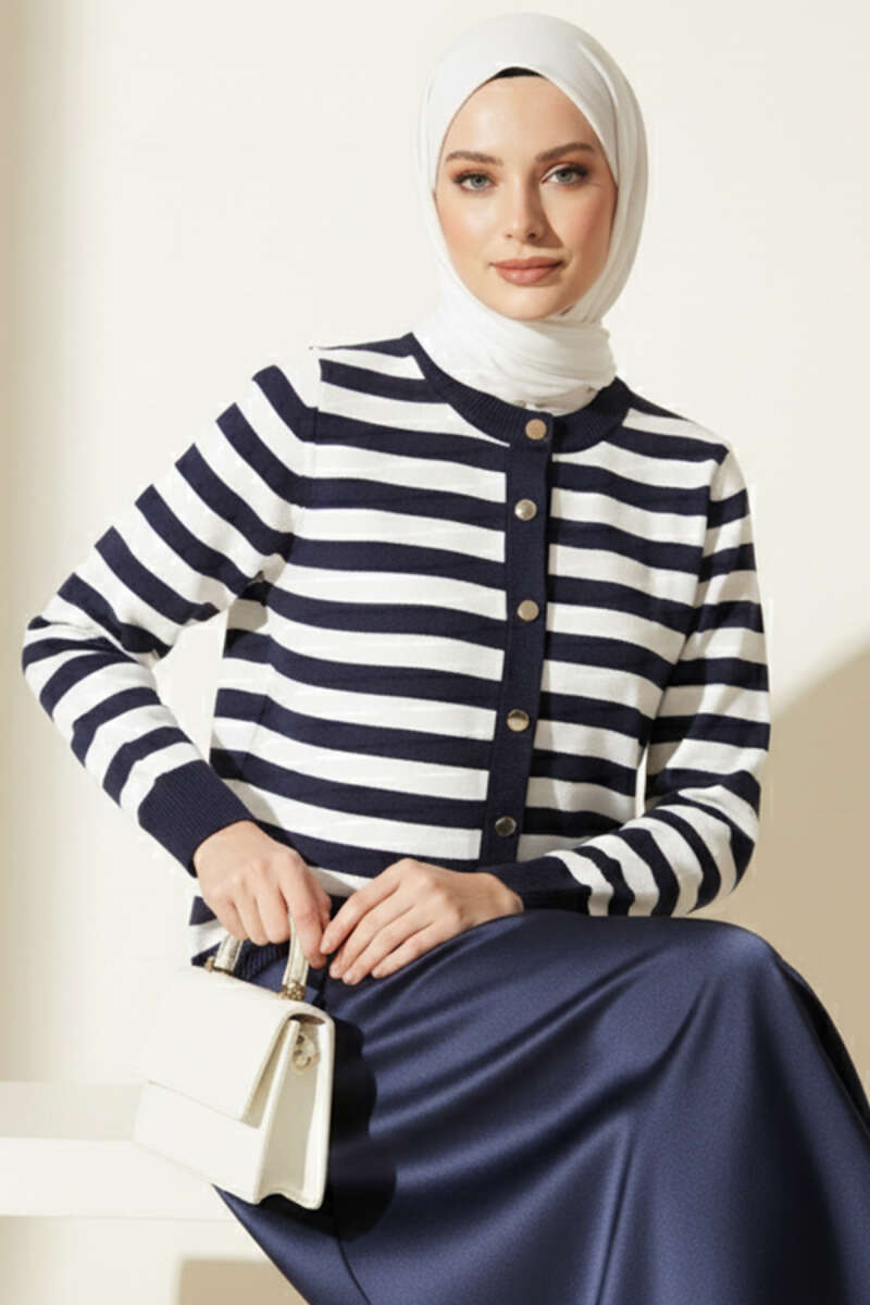 Striped Knit Cardigan in Polyamide Navy Blue