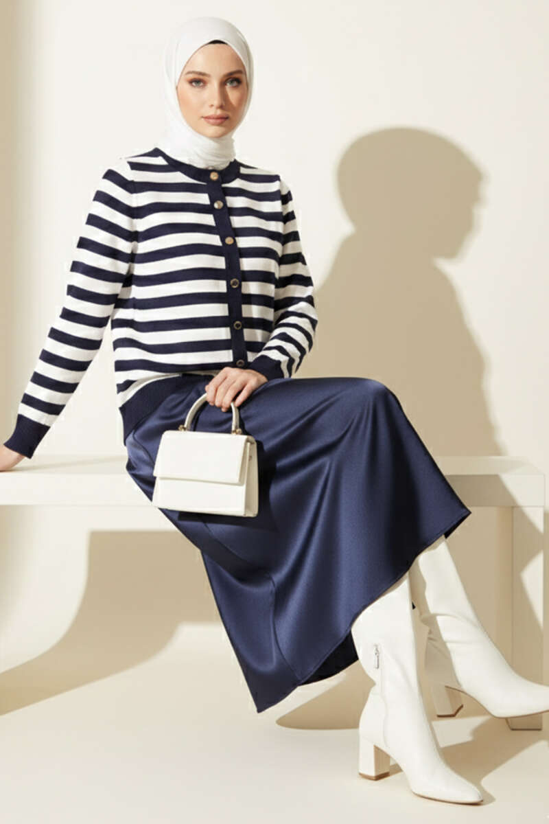 Striped Knit Cardigan in Polyamide Navy Blue - Image 2