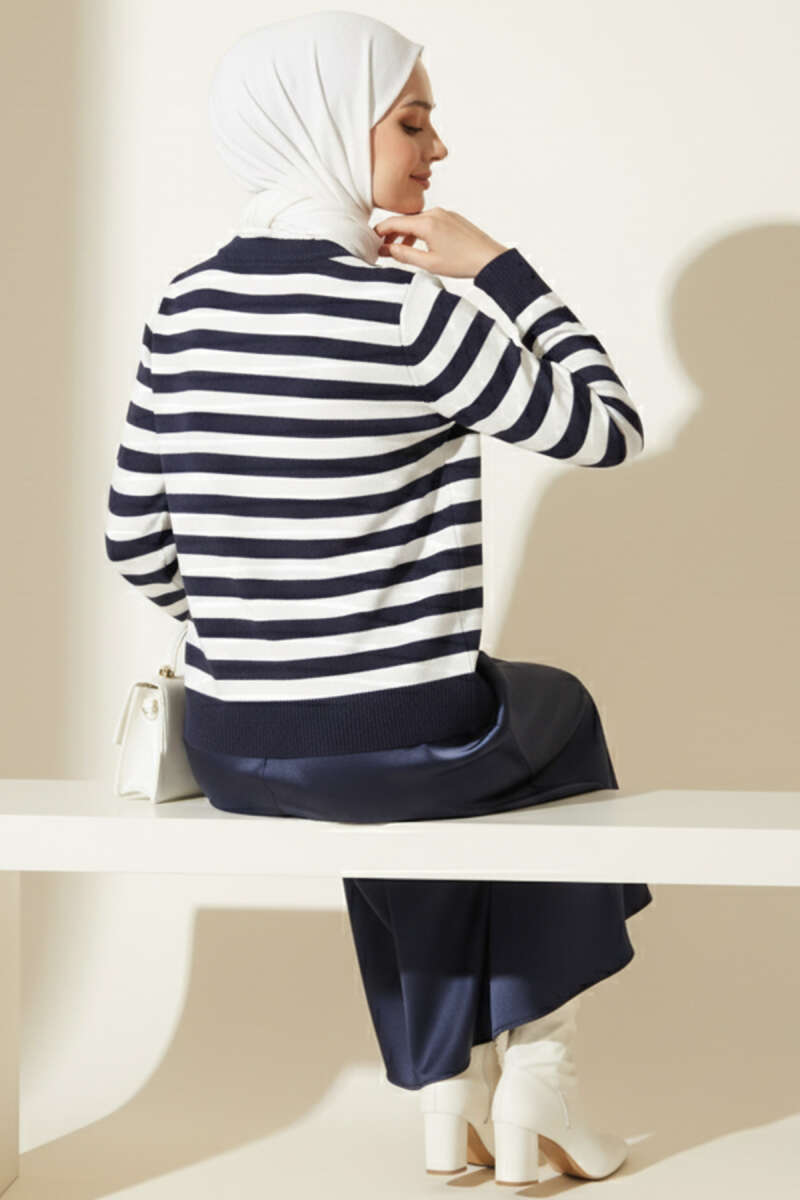 Striped Knit Cardigan in Polyamide Navy Blue - Image 3