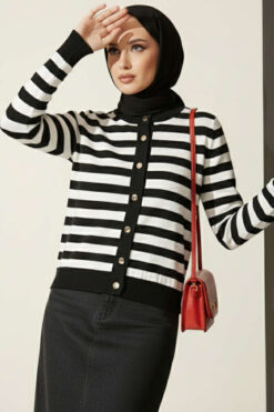 Striped Knit Cardigan in Polyamide Black