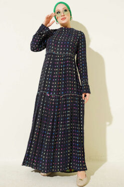 Polka Dot Crew Neck Dress Navy Blue