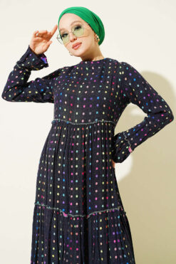 Alternative view of Polka Dot Crew Neck Dress Navy Blue