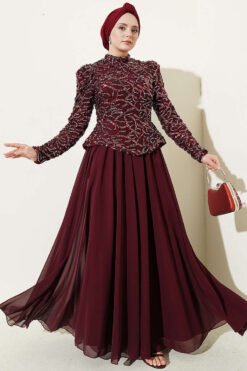 Embroidered Evening Gown with Sequins and Beads Burgundy
