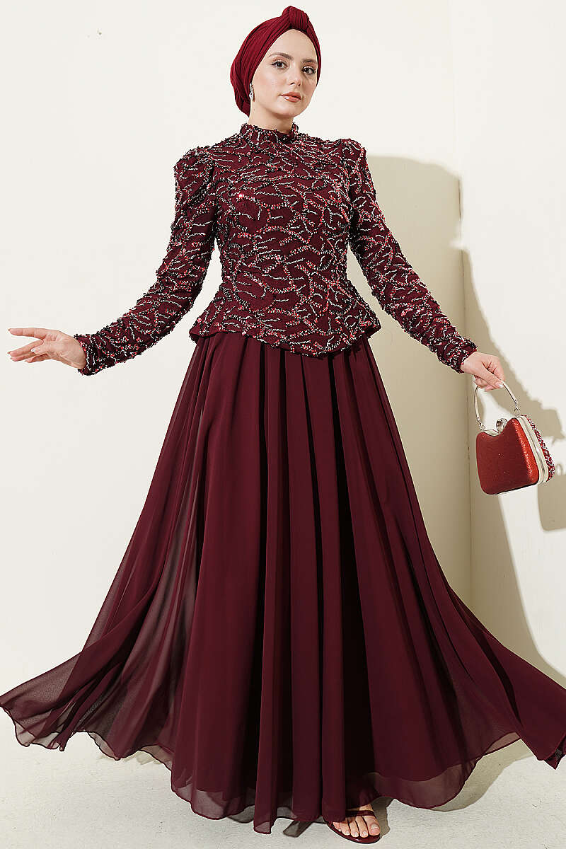 Embroidered Evening Gown with Sequins and Beads Burgundy