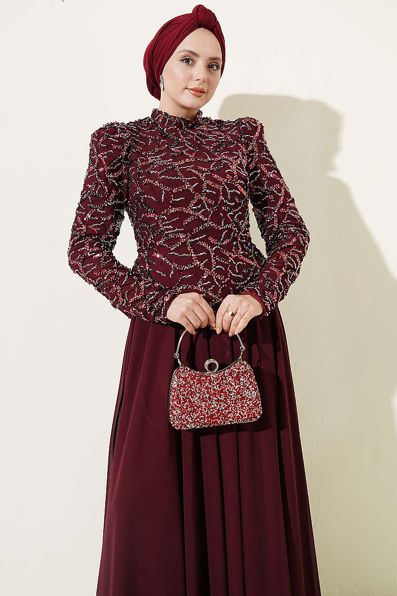 Embroidered Evening Gown with Sequins and Beads Burgundy - Image 2