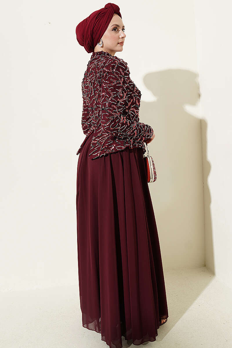 Embroidered Evening Gown with Sequins and Beads Burgundy - Image 3
