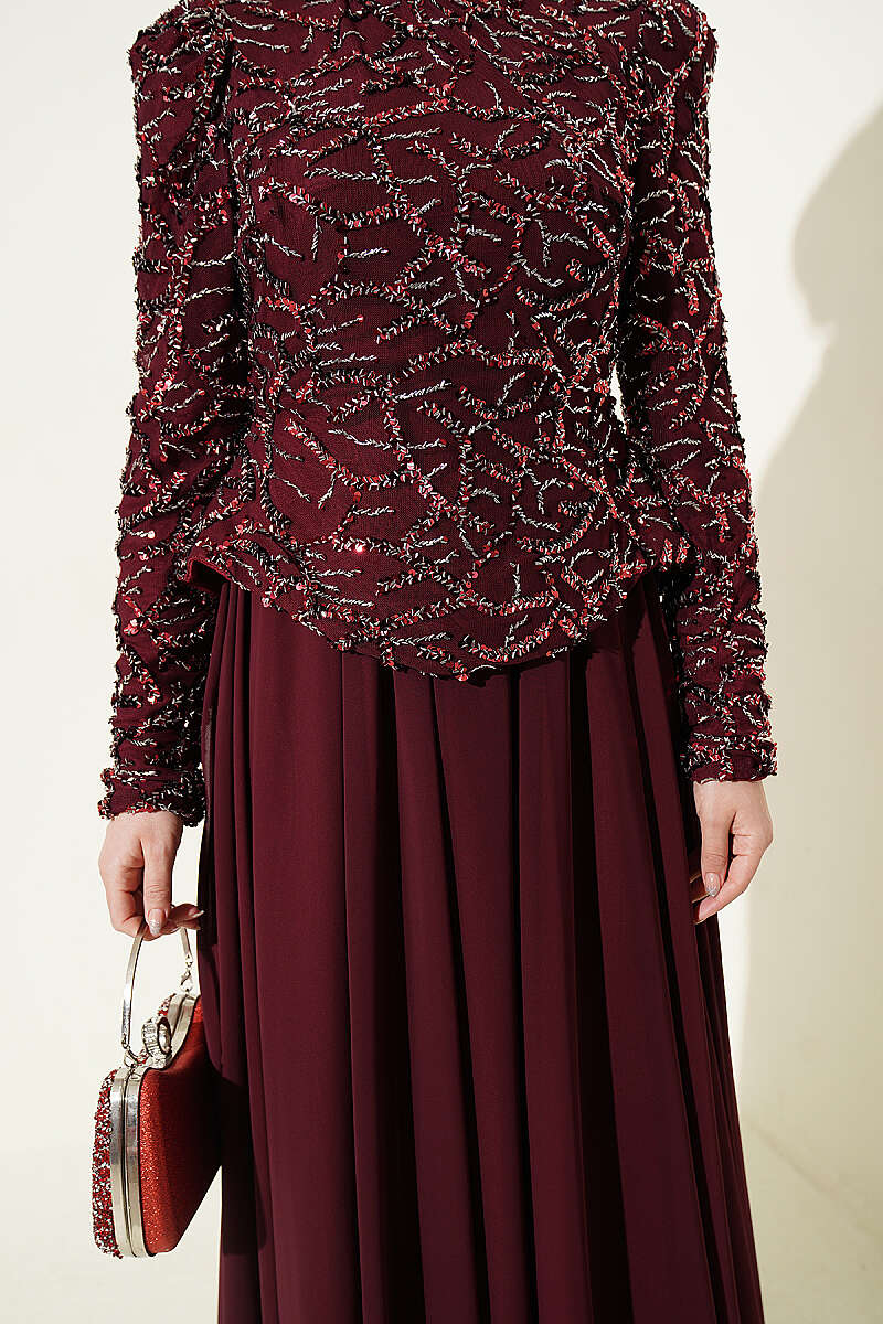 Embroidered Evening Gown with Sequins and Beads Burgundy - Image 4
