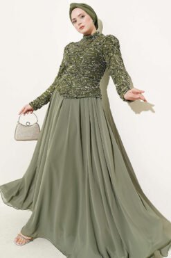 Embroidered Evening Gown with Sequins and Beads Khaki