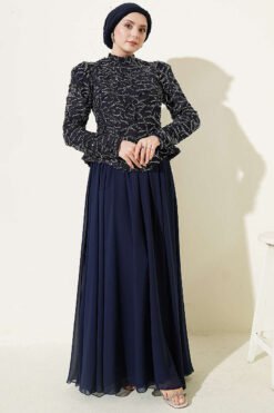 Alternative view of Embroidered Evening Gown with Sequins and Beads Navy Blue
