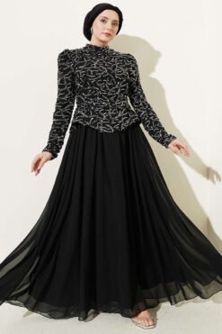 Embroidered Evening Gown with Sequins and Beads Black