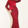 Sequin-Embellished Ribbon Detail Evening Dress Burgundy