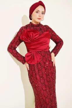 Alternative view of Sequin-Embellished Ribbon Detail Evening Dress Burgundy
