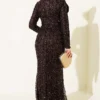 Sequin-Embellished Ribbon Detail Evening Dress Brown - Afbeelding 3