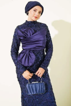 Alternative view of Sequin-Embellished Ribbon Detail Evening Dress Navy Blue