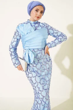 Alternative view of Sequin-Embellished Ribbon Detail Evening Dress Blue