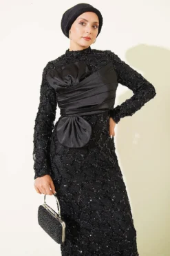 Alternative view of Sequin-Embellished Ribbon Detail Evening Dress Black