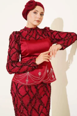 Alternative view of Sequin Satin Corset Detail Evening Dress Burgundy