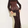 Sequin Satin Corset Detail Evening Dress Brown