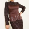 Sequin Satin Corset Detail Evening Dress Brown - Imagen 2