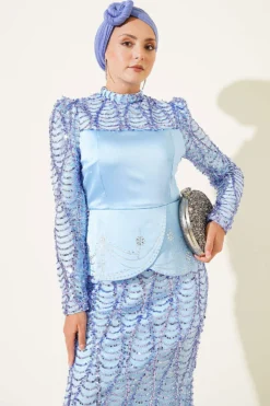Alternative view of Sequin Satin Corset Detail Evening Dress Blue